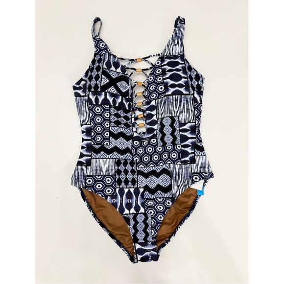 Bleu Rod Beattie Navy Multi Print Bamboo Island Time One Piece Swimsuit 14 NWT - Picture 1 of 8
